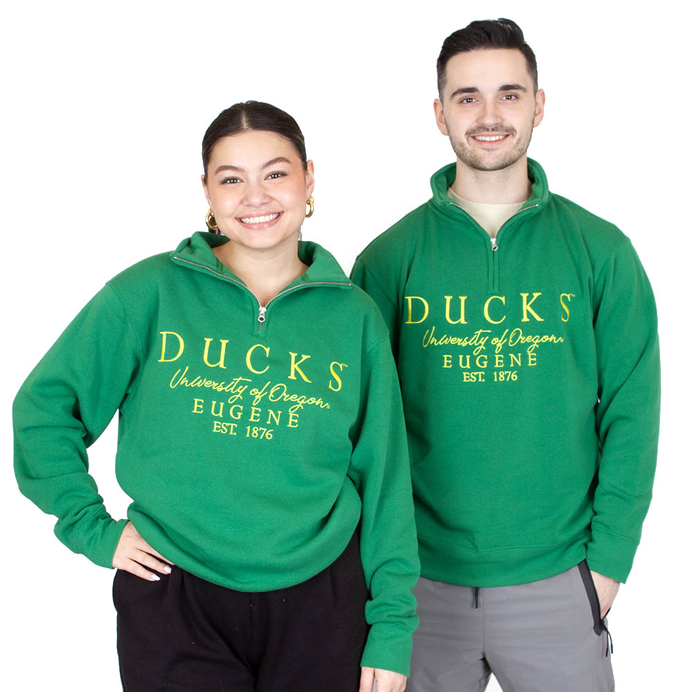 Eugene, Zoozatz, Green, Pullover, Polyester Blend, Men, Unisex, Embroidered, Ducks, University of Oregon, 1/4-zip, Sweatshirt, 867048